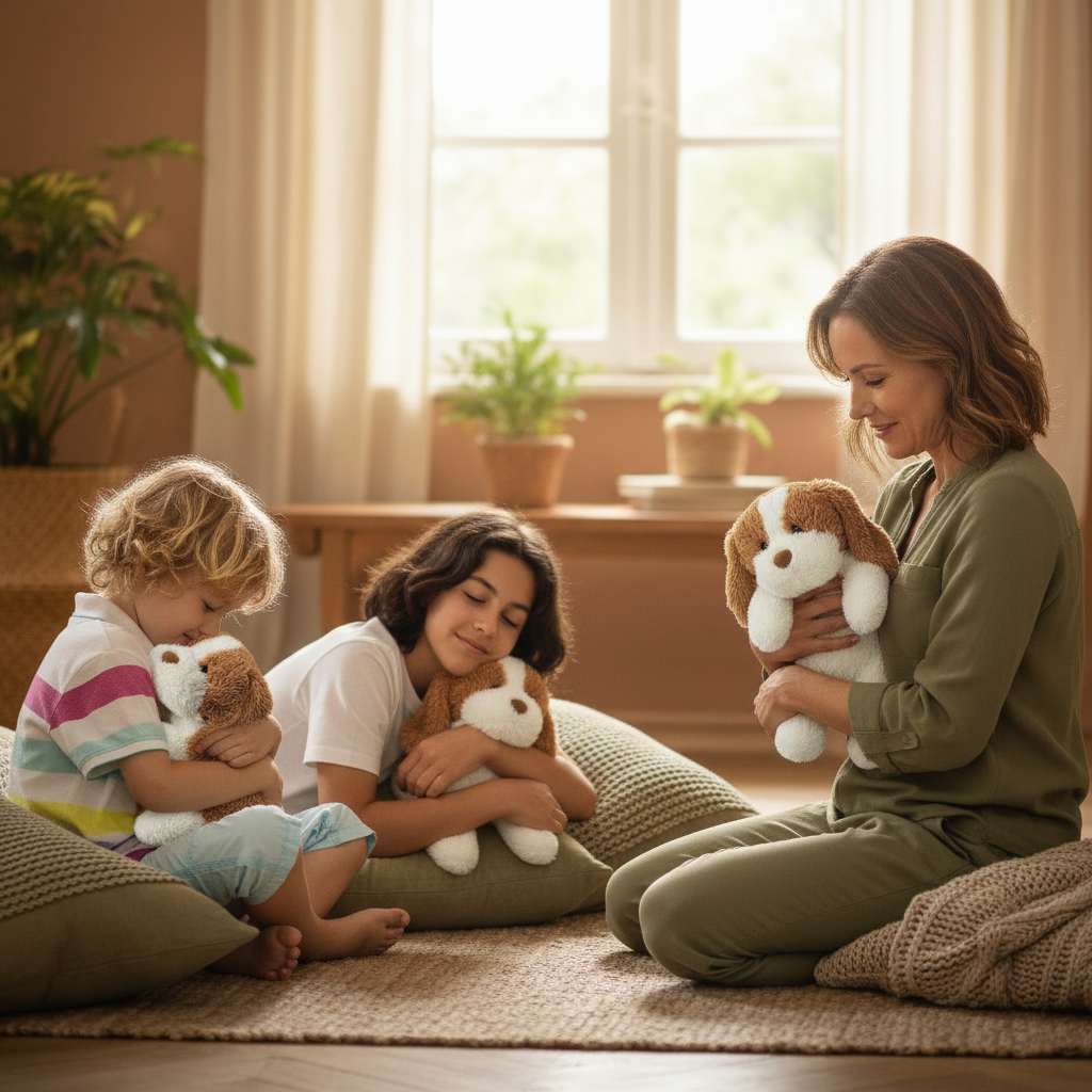 Kind, puber en volwassene met Kyendo knuffel