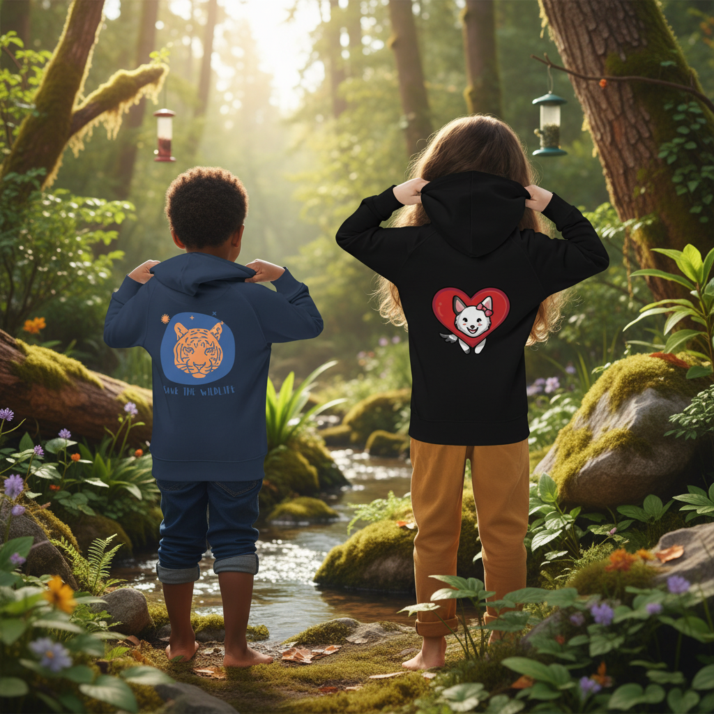 Kinderen in eco hoodies in natuurlijke setting