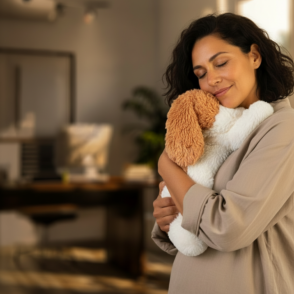 Vrouw met Kyendo knuffel zonder tekst